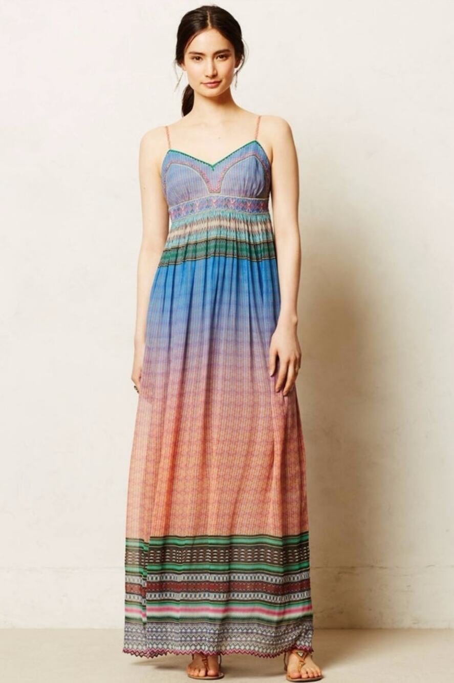 Anthropologie Tanvi Kedia Maxi Dress Size 00 Boho Sunset Embroidered Beaded Flaw